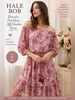 Hale Bob Off Shoulder Floral Dress Small Boho Pink Ruffle Mini NWT